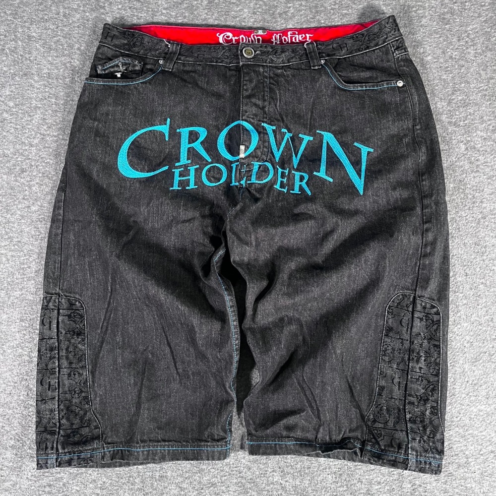 Crown Holder Y2K Vintage Baggy Wide Black Denim Embroidered Shorts Mens 44